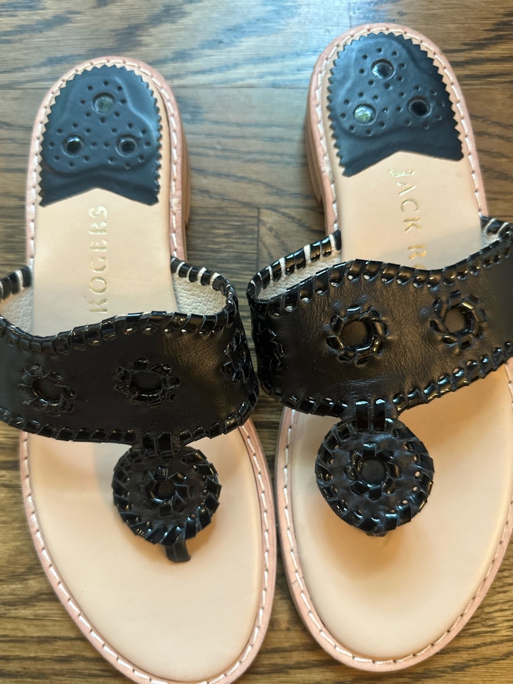 Jack Rogers Black Leather Slide Sandal with Signature Rondelle